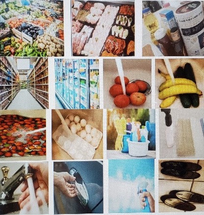 A collage of fruits, vegetables, dairy products, and other important items to keep us healthy and clean